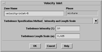 2. Set the conditions for the upper velocity inlet (velocity-inlet-5). (a) Set the conditions at velocity-inlet-5 for the mixture. i. In the Boundary Conditions panel, select mixture in the Phase drop-down list and click Set.