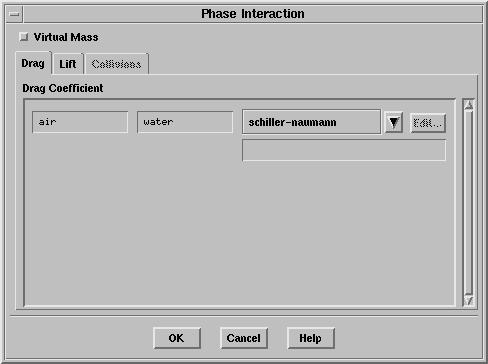 2. Specify the drag law to be used for computing the interphase momentum transfer. Define Phases... (a) Click the Interaction... button in the Phases panel.
