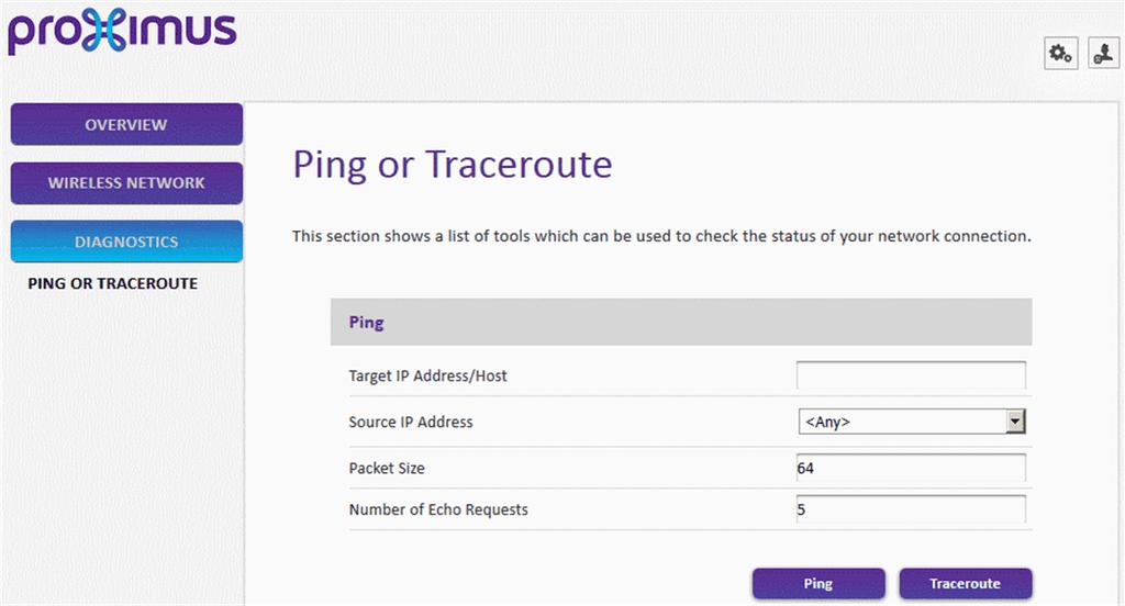 1.5 Diagnostics Ping or Traceroute On this page, a ping or traceroute test can be performed. The following parameters can be set: Target IP Address/Host.