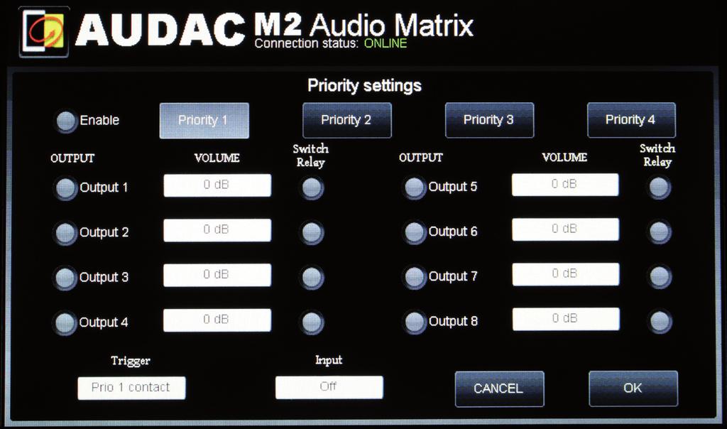 Settings >> Priority settings In this window you can preset 4 priority settings To do a priority setting first choose a channel on which the M2 will trigger your setting.