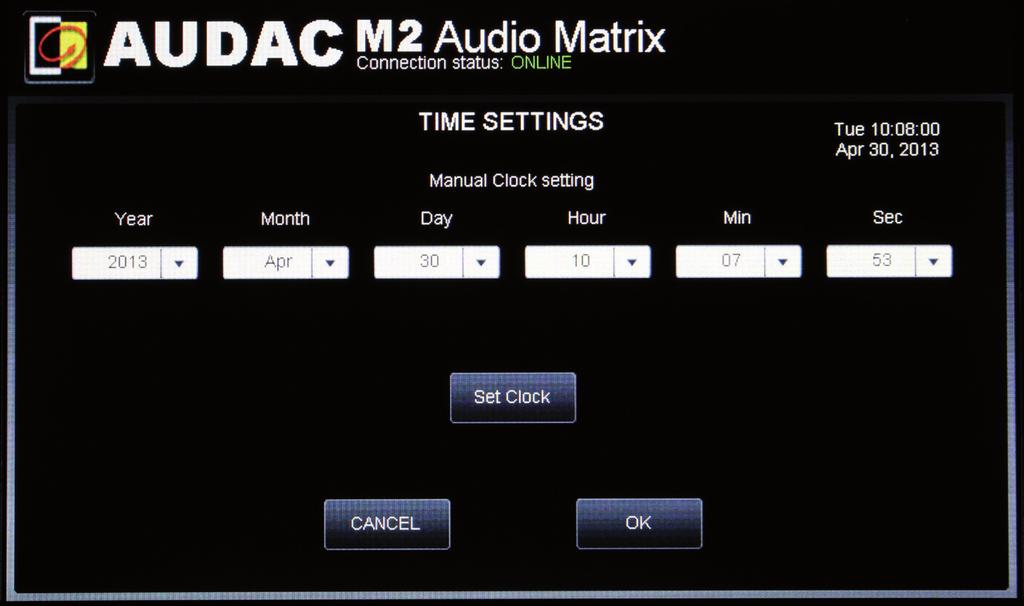 System configuration >> Time settings In this window the time and date of the M2 can be set.