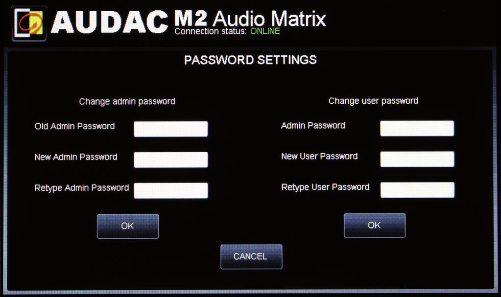 Settings >> Password settings In this window the passwords for the M2 can be changed.