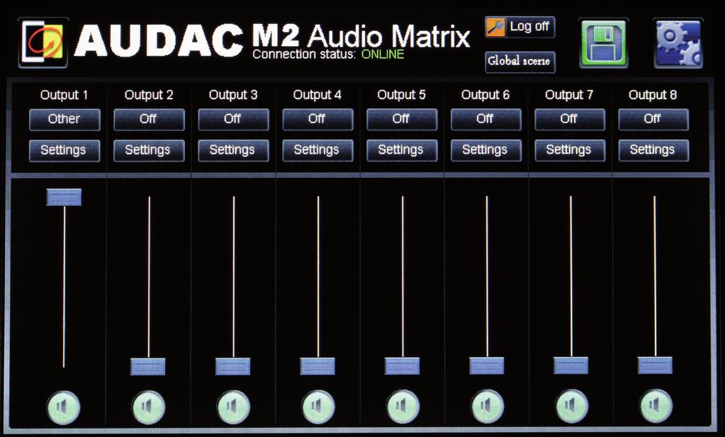 Main screen The main screen displays all 8 outputs of the M2 with fader volume controls Volume control: The volume of each output can be changed by moving the fader.
