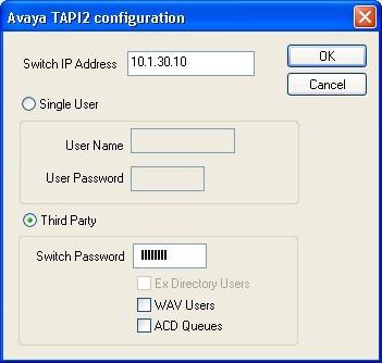 The Avaya TAPI2 configuration screen is displayed. For Switch IP Address, enter the IP address of Avaya IP Office.