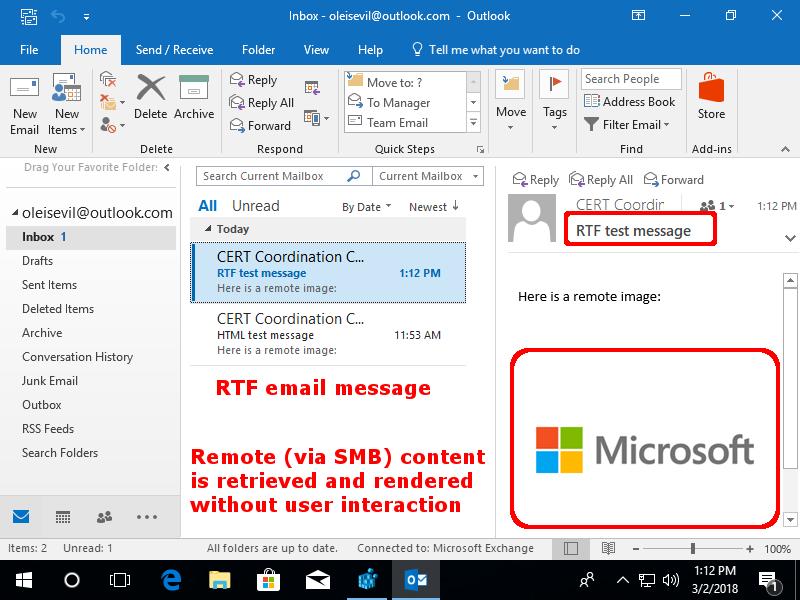 CVE-2018-0950 by Will Dormann Outlook can render RTF email messages, and if they included remotely hosted OLE, used to automatically load the OLE from the remote