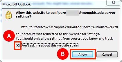 5. A message window will appear asking if you want to allow this website to configure server settings.