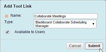 Create a link in the main course menu for all Collaborate sessions and recordings: Click on the plus sign