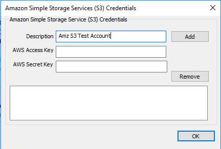 The preceding credentials (Access Key and Secret Key) must be entered in the corresponding fields in the Configure Amazon S3 Credentials