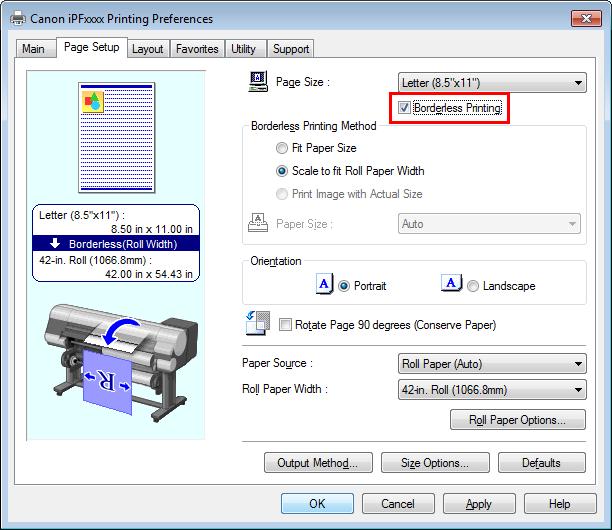 Borderless printing is only available with rolls. Configuring Settings in Windows 1. Access the Page Setup sheet. 2.