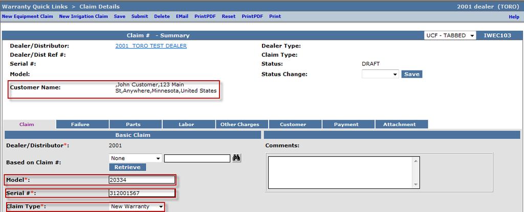 D. Filing a Warranty Claim D.2 Filing a New Warranty Claim 3) Under the Basic Claim header, the Distributor must enter their Distributor number.