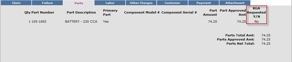 All BOSS parts used to complete the warranty repair must be listed on the Parts page. Enter the part(s) quantity and the part number(s) in their respective fields.