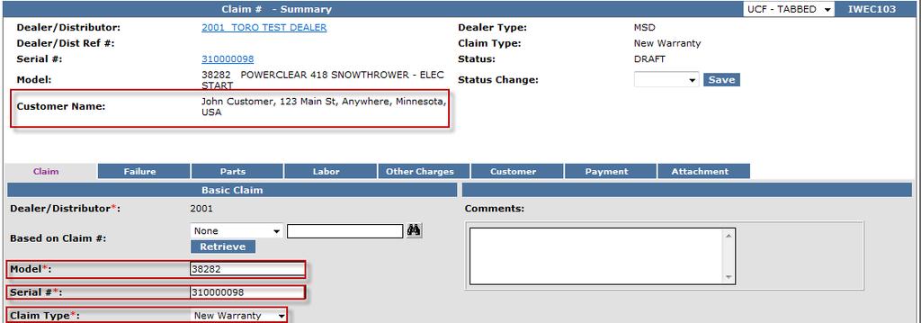 D. Filing a Warranty Claim D.7 Filing a Campaign Claim The Claim # - Summary page will display. Note: The system will not assign a claim number until the claim is either saved or submitted.
