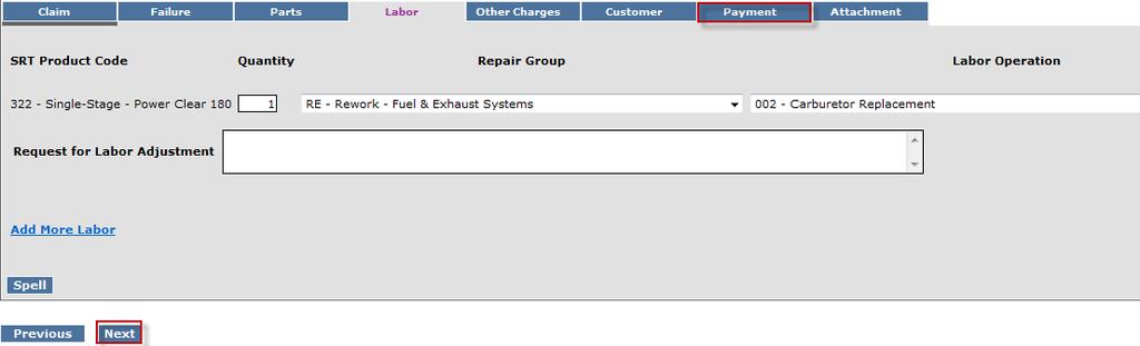 D. Filing a Warranty Claim D.7 Filing a Campaign Claim To proceed to the Payment page click on either the Payment tab or Next at the bottom of the page.