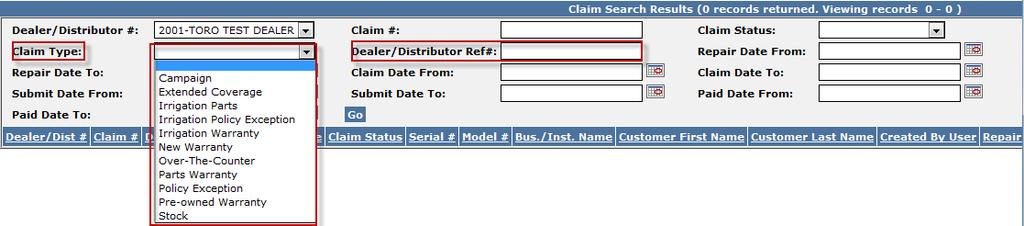 The dealer does not need to use the drop-down menu, the system will automatically default to their dealer number. Claim #: Use this field when searching for a specific claim.