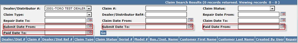 E. Claims Search Submit Date From: Use this field in conjunction with the Submit Date To field to search for claims with a submission date within a specific timeframe.