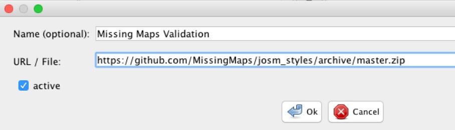 Type a name like Missing Maps Validation or whatever you'd like, and put https://github.com/missingmaps/josm_styles/archive/master.