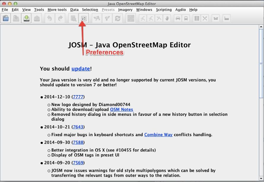 Get Started First you should download JOSM from https://josm.openstreetmap.de/ -- there are a few options for download, but JOSM.jnlp generally works well. Start up JOSM.