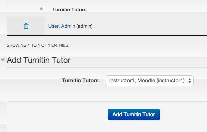 2. You can perform three actions from the Turnitin instructors page: Expand the Add a Turnitin Tutor section, select a tutor from the dropdown list, and click Add Turnitin Tutor.