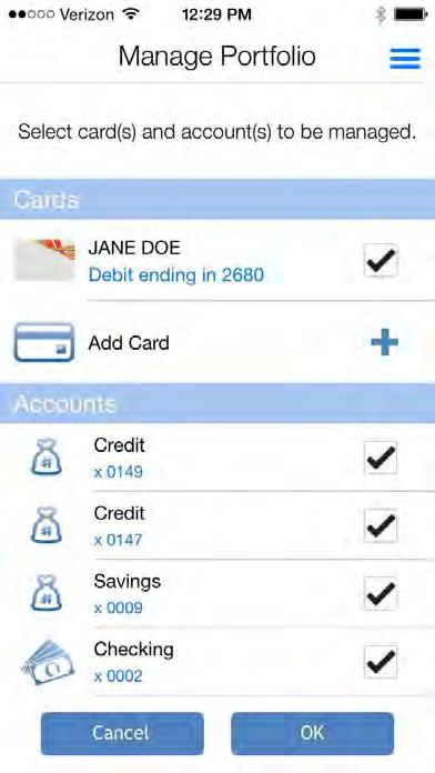 The process for adding a card from the Manage Portfolio screen is similar to the registration process with the following