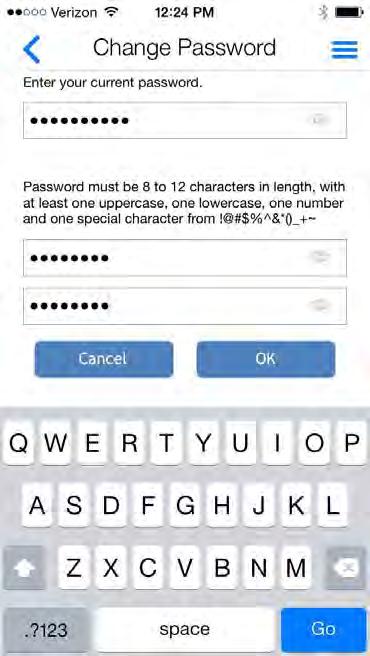 CHANGING YOUR PASSWORD Members can tap Password on the Settings screen to change the password that they use to log in to the app.