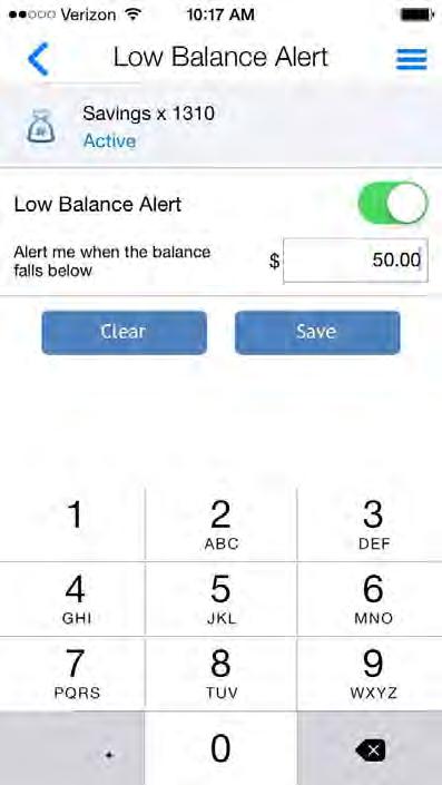 SETTING LOW BALANCE ALERTS To set low balance alerts, members can tap Low Balance Threshold on the Account Details screen.