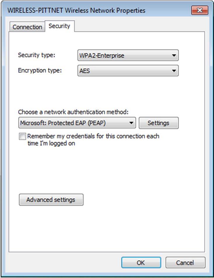 7. Click the Security tab and enter the following settings: a. Choose a network authentication method should be set to PEAP b.
