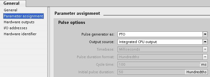 Select the "Parameter assignment" entry in the block navigator. The "Parameter assignment" opens. 4. In the "Pulse generator as:" dropdown list select the "PTO" entry. 5.