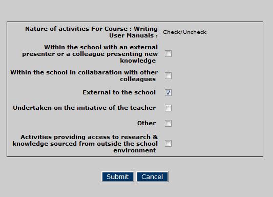 3. For each PD listed you can select the nature of the Course completed. Click on the name of the PD and a popup screen will display.