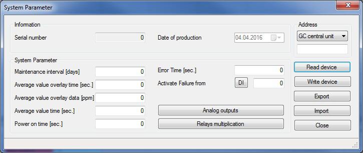 6.4 System parameters The values on the the upper left of the window can only be read. 1. Serial number 2. Date of production In the left middle area are the input fields for the system parameters: 1.