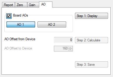 7.4 Zero-point calibration of the analog output The tab AO contains: - Board AOs Here you can set whether the analog output of the connected device should be calibrated.
