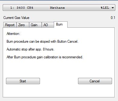 7.5 Register tab Burn (selfcleaning by burning) This tab Burn is for starting the process of heating a pellistor sensor up for self-cleaning. - The Start button sets the command for burning free.