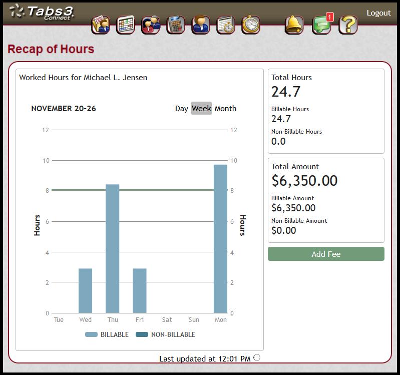 Recap of Hours Tabs3 Connect allows you to view a graph showing fees assigned to the Timekeeper with which your User account is associated. To view the Recap of Hours, tap the icon on the Home page.