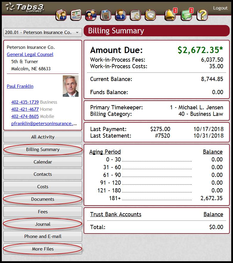 Viewing the Billing Summary Tap the Billing Summary button to display information about the selected client matter s accounts receivable and billing activity.