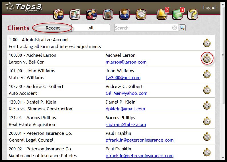 Accessing the Client File To access the Client file, tap the icon on the Home page or at the top of any page in Tabs3 Connect. This will bring you to the Clients page.