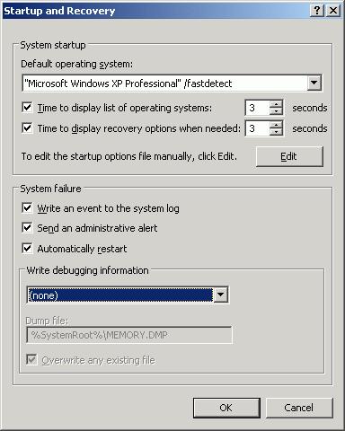 b Advanced tab/startup and Recovery/ Settings button (See Figure 14): System startup section: Change both Time to display... fields from 30 to 3 sec.