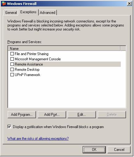 Exceptions tab (See Figure 20): Select option Display a notification when Windows Firewall blocks a