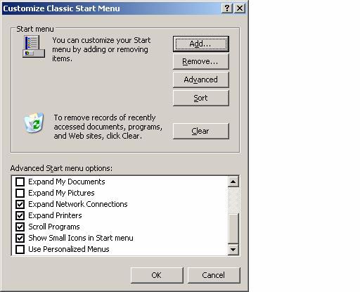 Figure 1 Customize Classic Start Menu Dialog [MUST] 2 Folder Options: (right-click Start/Explore) a Set View to Details b Choose Tools/Folder Options General tab: for Tasks select Use Windows classic