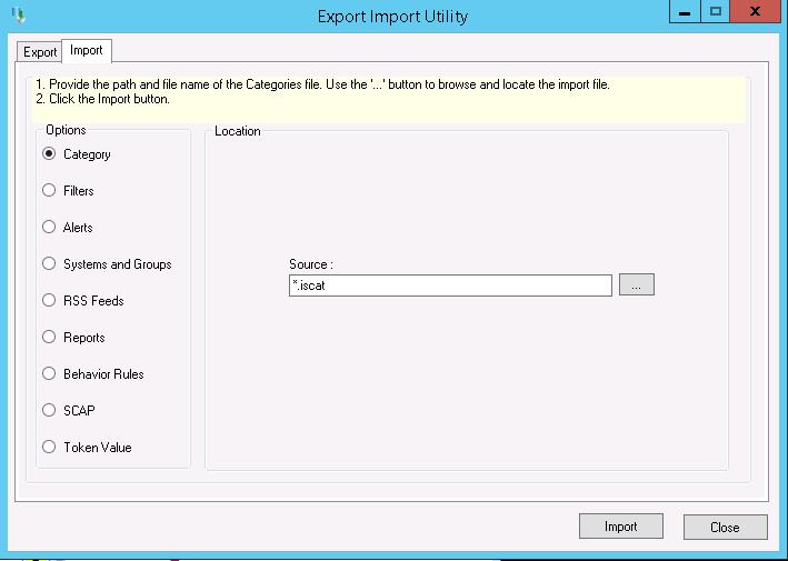 Figure 13 Double click Export Import Utility, and then click the Import tab. Click Category option, and then click the browse button.