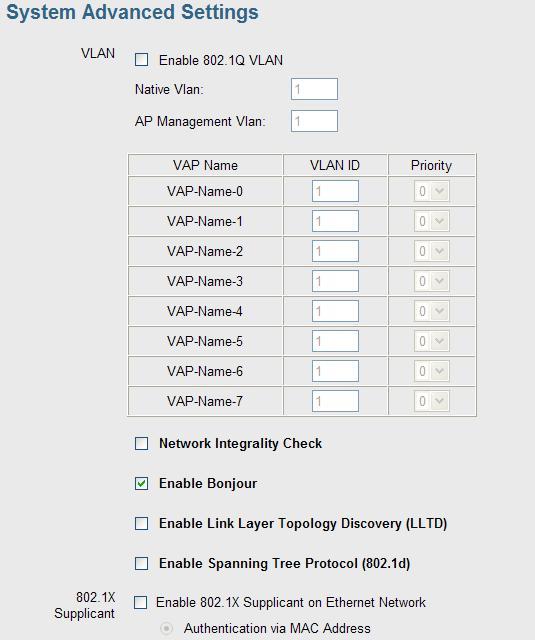 5.2 Advanced Settings Click Advanced Settings on the System menu to view a screen like the following. Data - System Advanced Settings Screen VLAN Enable 802.