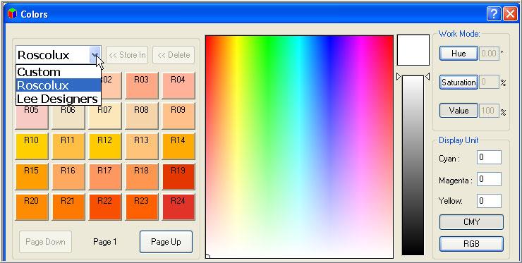 Compulite Chapter 5 Figure 63: Color picker for designing custom colors or choosing colors from swatch books To set values using pickers Example: Set a gobo value 1 Select fixtures.
