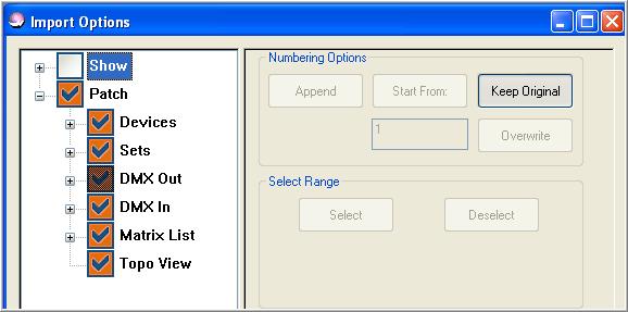 VECTOR SAVING, LOADING, AND PRINTING SHOW FILES Figure 103: Import Options dialog box Color coded selection boxes Color Orange Light orange Dark orange Gray What it means All items in this node are
