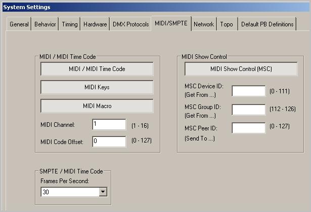 Compulite Chapter 15 MIDI/SMPTE Group Fields/buttons What it does Default MIDI See page 389 MIDI On - MIDI over Ethernet is enabled. Off - MIDI over Ethernet is disabled.