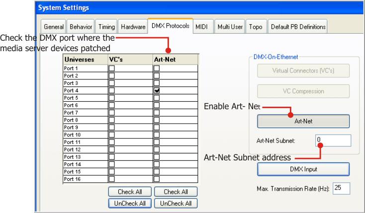 VECTOR MULTIMEDIA FEATURES Figure 132: Art-Net setup in System Settings DMX Protocol 2 Enable ART-NET. The Art-Net Subnet field is active.