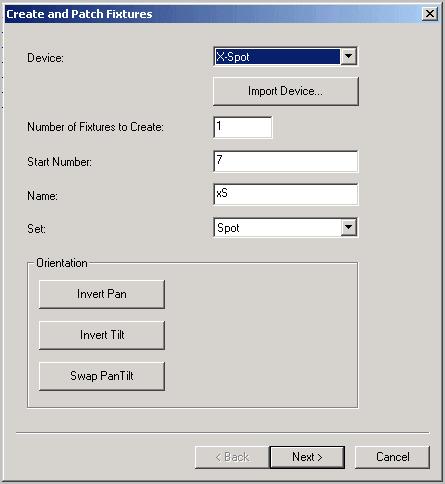 VECTOR PATCHING Figure 38: Create and patch fixtures wizard : Create fixture fields Field Information Device Number of fixtures to create Start number Name Set Orientation The drop down list shows