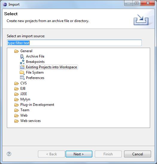 Figure 1 12 Select Existing Projects into Workspace 8. Click Next. 9. In the Import dialog box, select Select root directory option, and click Browse. 10.