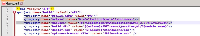 a. Navigate to project cm --> tools --> deploy.xml and open it. b. Change the asbase variable to {Collection Environment Directory}.