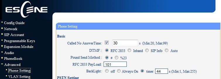 7.4. Configure DTMF Setting Select Advanced Phone Setting from the left menu. Select RFC 2833 for DTMF.