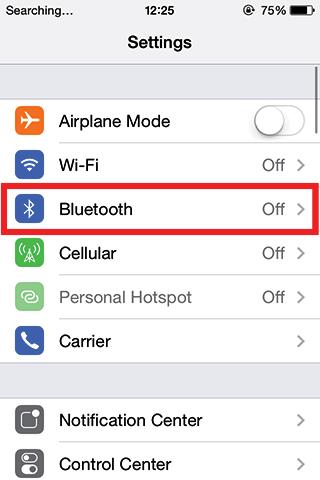 Getting Started 16 Connecting to ios via Bluetooth Enable Bluetooth on your device Go to your phone s homescreen and find Settings, then Bluetooth and turn Bluetooth on.