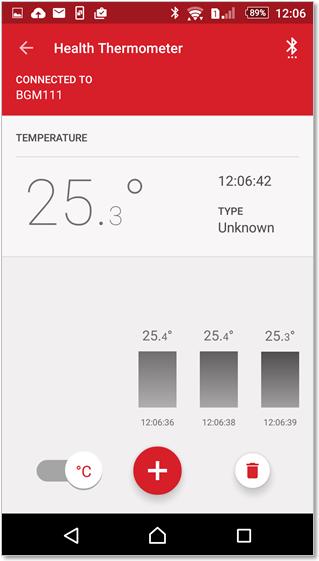 Try the Built-in Demo Using an Android Mobile Phone Step 3 The Health Thermometer screen appears. Current temperature reading from the WSTK Temperarure & Humidity sensor is displayed.