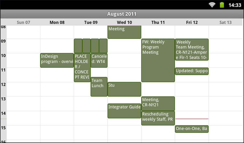 Calendar 8-3 To switch to Week view touch Menu > Week. Figure 8-3 Week View Touch an event to view information about the event.